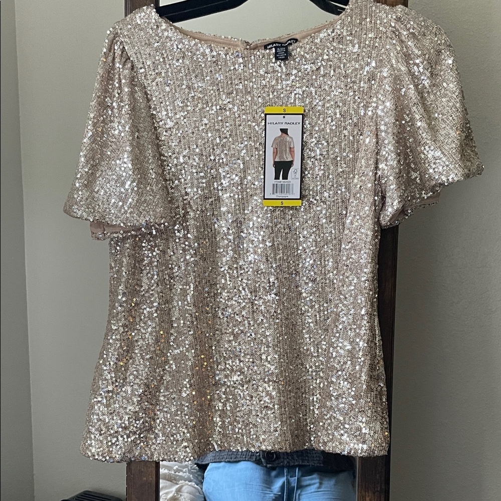 Hilary Radley Champagne Sequin Short Sleeve Top NWT SzS fits also M.